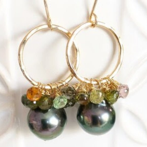 Handmade Tahitian Pearl and Tourmaline Cluster Earrings - Picture 1 of 5